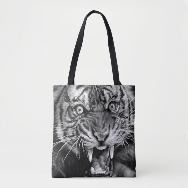Bolsa Tote Desenho de um tigre selvagem em preto e branco, wh (Frente)
