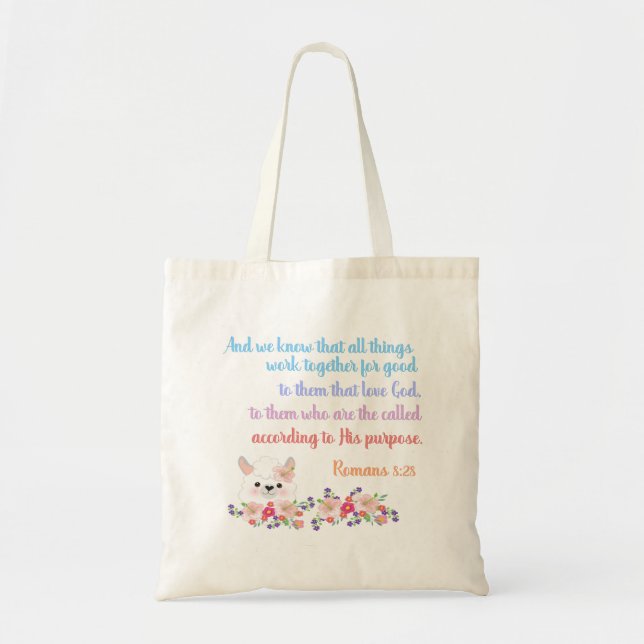 Bolsa Tote Desenho de Versículo Bíblico de Romanos 8 (Frente)