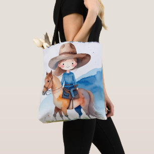 Bolsa Tote Desenho em Aquarela de Garota Cowgirl Fofa Montand
