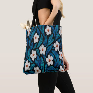 Bolsa Tote Desenho Floral Branco e Azul
