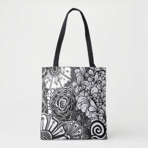 Bolsa Tote Desenho Floral Padrão De Zen Preto E Branco