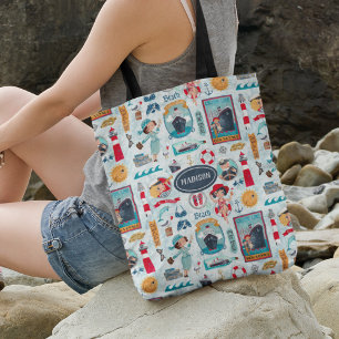 Bolsa Tote Desenho fofinho náutico azul vermelho oceano menin