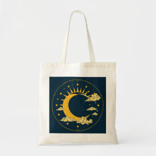 Bolsa Tote Desenho Místico do Sol e da Lua em Tarot Dourado
