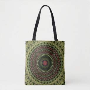 Bolsa Tote Desenho Retro de Mandala Verde Brilhante Preto e V