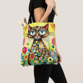 BOLSA TOTE DESENHO ÚNICO DE UM GATO DE COR E DE OLHOS GRANDES