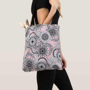Bolsa Tote Desenhos Florais Brancos Brancos Cor-de-Rosa Moder