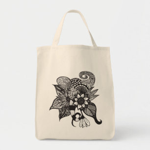 Bolsa Tote Desenhos florais da mão do emaranhado preto e