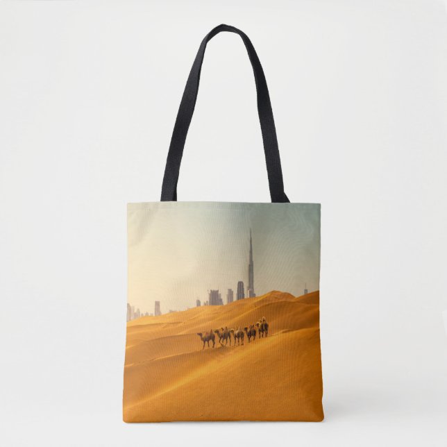 Bolsa Tote Desertos | Vista Skyline do Dubai com Camelos (Frente)