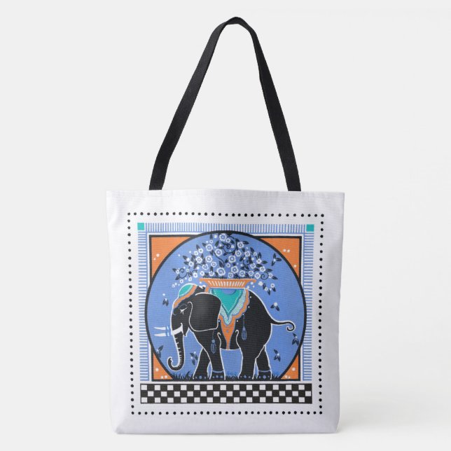 Bolsa Tote Desfile de Elefantes em Azul (Frente)
