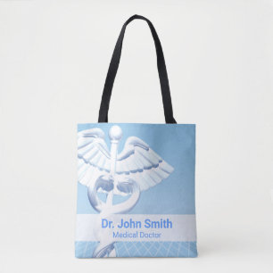Bolsa Tote Design Azul 3D Caduceus Branco Médico