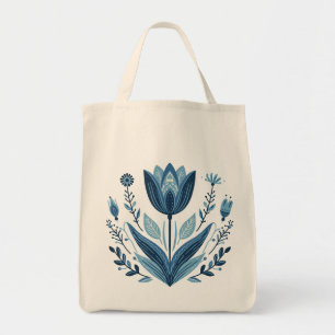 Bolsa Tote Design Botânico Rustic Blue Tulip Flower Folk