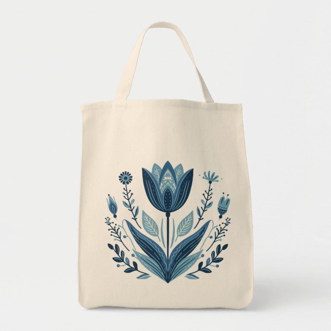Bolsa Tote Design Botânico Rustic Blue Tulip Flower Folk (Frente)