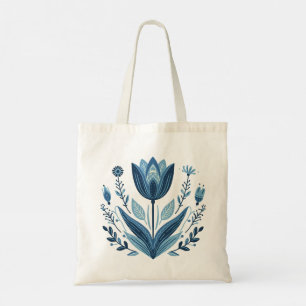 Bolsa Tote Design Botânico Rustic Blue Tulip Flower Folk
