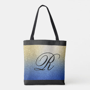 Bolsa Tote Design brilhante Dourado azul com monograma