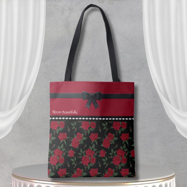 Bolsa Tote Design Clássico de Bandeja Rosa preto e vermelho e (Elegant Red and Black Rose Tote Bag Classic Design)