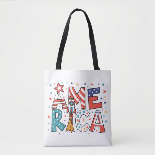 Bolsa Tote Design Colorido com Texto América e Estrelas