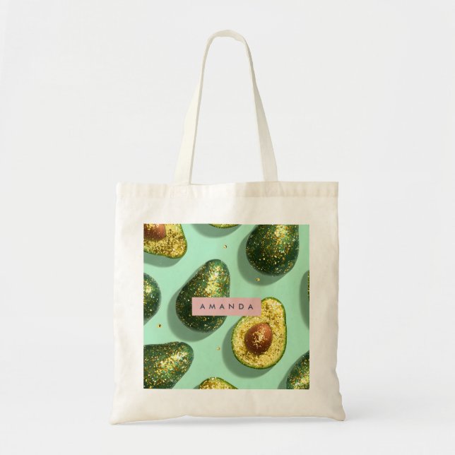 Bolsa Tote Design de Abacate com Purpurina Personalizado em P (Frente)