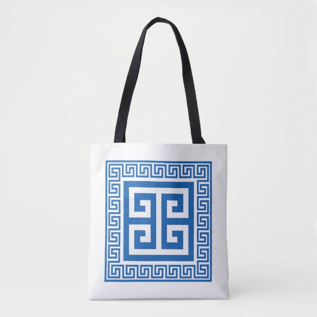 Bolsa Tote Design de Azul e Branco, Padrão-Chave Grego (Frente)