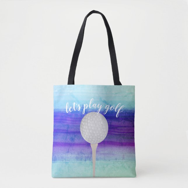 Bolsa Tote design de bola de golfe para golfistas, roxo e azu (Frente)