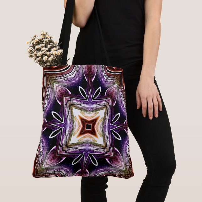 Bolsa Tote Design de caleidoscópio cósmico roxo e laranja (Close Up)