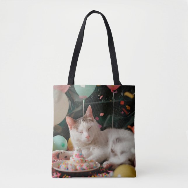 Bolsa Tote Design de Celebração de Aniversário de Gato Adoráv (Frente)
