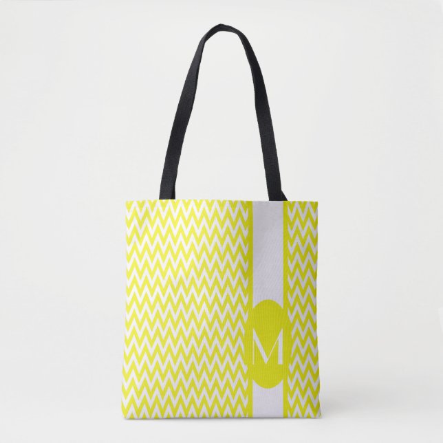 Bolsa Tote Design de Chevron amarelo-limão com monograma (Frente)