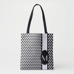 Bolsa Tote Design de Chevron Elegante Preto com monograma