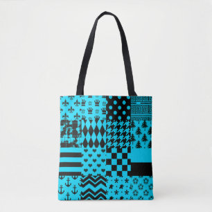 Bolsa Tote Design de Correção de Padrões Mistos Azul Preto