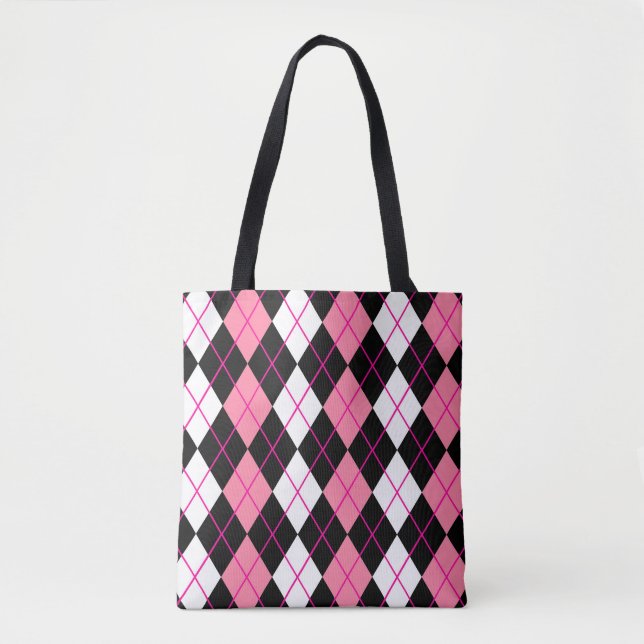 Bolsa Tote Design de diamante xadrez rosa preto e branco (Frente)