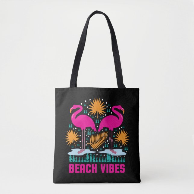 Bolsa Tote Design de Flamingos Rosa Vibes de Praia (Frente)