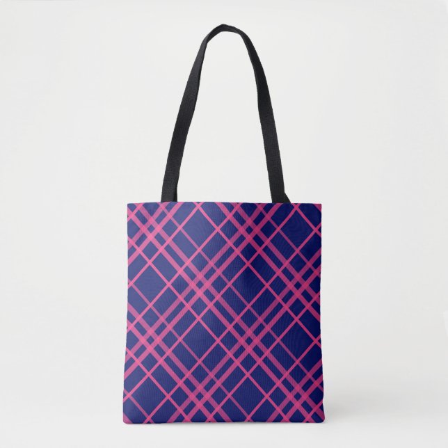 Bolsa Tote Design de Listras Xadrez Rosa Sobre Azul (Frente)