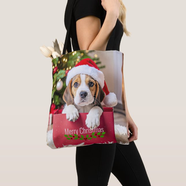 Bolsa Tote Design de Natal de Cachorrinho Beagle, (Close Up)
