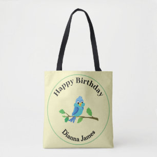 Bolsa Tote Design de Nome de Aniversário de Pássaro Azul Fofo
