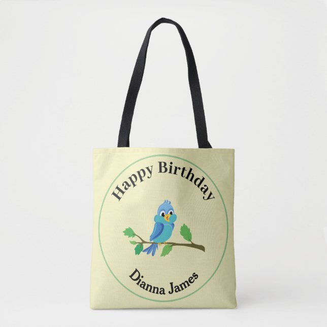 Bolsa Tote Design de Nome de Aniversário de Pássaro Azul Fofo (Frente)