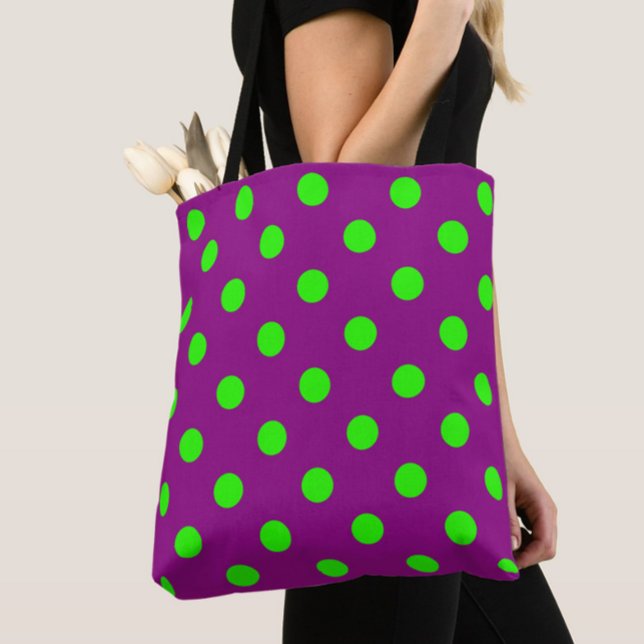 Bolsa Tote Design de Padrão de Bolinhas Roxo no Verde (Criador carregado)