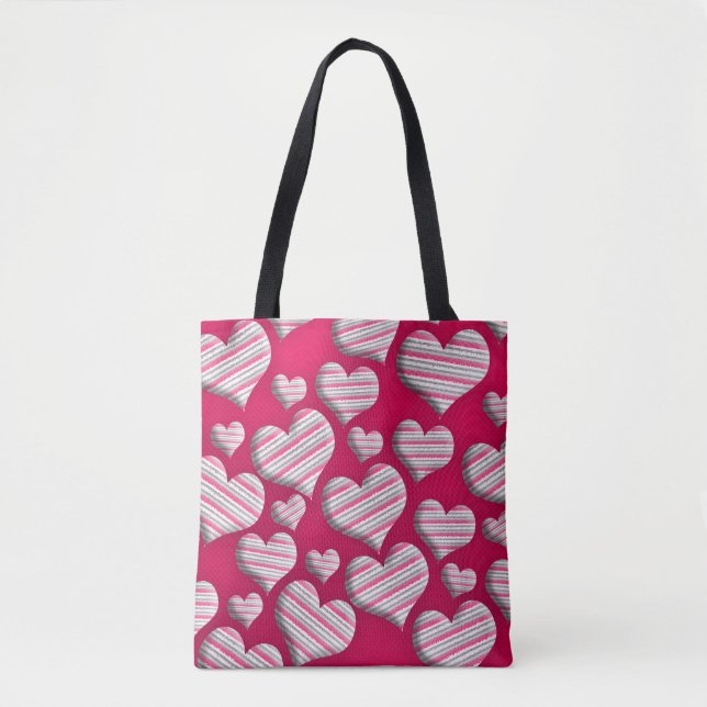 Bolsa Tote Design de Padrão de Coração Rosa Quente de Stripe  (Frente)