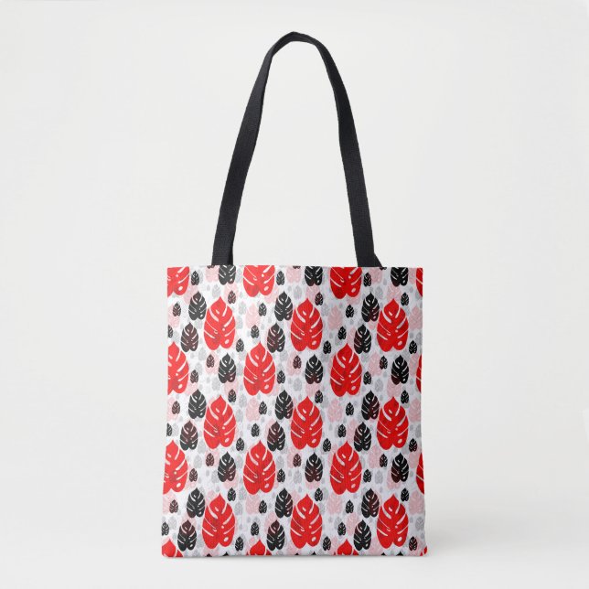 Bolsa Tote Design de Padrão de Ilustração de Folha Preta Verm (Frente)