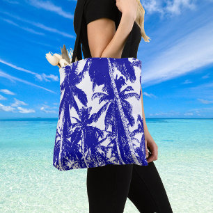 Bolsa Tote Design de Palmeiras Tropicais em Azul e Branco