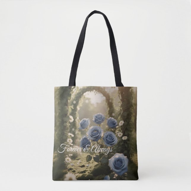 Bolsa Tote Design de Rosa de Azul Chic - Personalização Flora (Frente)