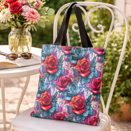 Bolsa Tote Design de Rosas Vermelho e Azul de Arte Urbana