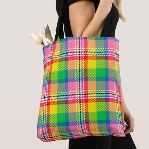 Bolsa Tote Design de Xadrez de Tartan Amarelo verde-rosa