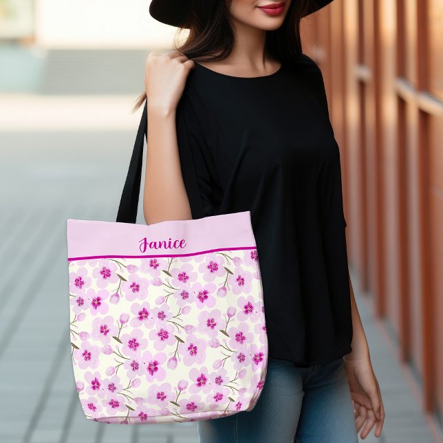 Bolsa Tote Design do Flor de Cereja Sakura Rosa Suave (Watercolor Cherry Blossoms And Cream Tote Bag)