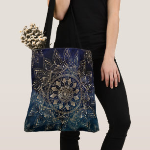 Bolsa Tote Design Elegante Dourado da Galáxia Azul de Mandal