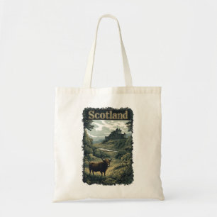 Bolsa Tote Design Escocês: Vaca das Terras Altas, Castelo e P