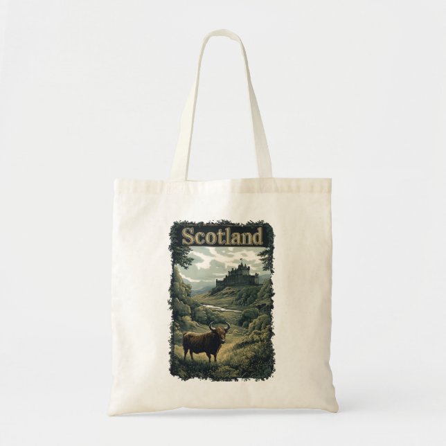 Bolsa Tote Design Escocês: Vaca das Terras Altas, Castelo e P (Frente)