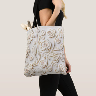 Bolsa Tote Design Floral bordado de marfim