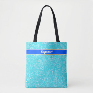 Bolsa Tote design intricado branco e azul aqua personalizado