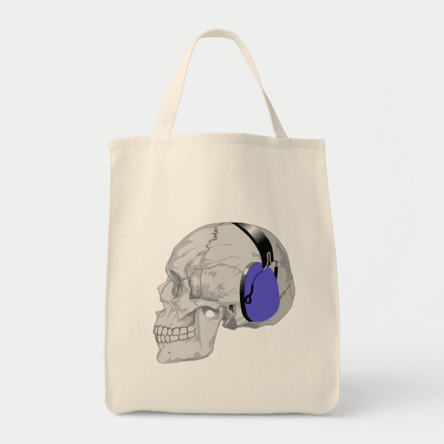 BOLSA TOTE DESIGN MODERNO DE UM CRÂNIO COM FONES DE OUVIDO AZ (Frente)