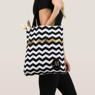 Bolsa Tote Design Monograma Dourado, Branco e Preto