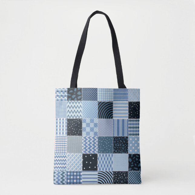 Bolsa Tote Design, retalhos geométricos, tons azuis. (Frente)